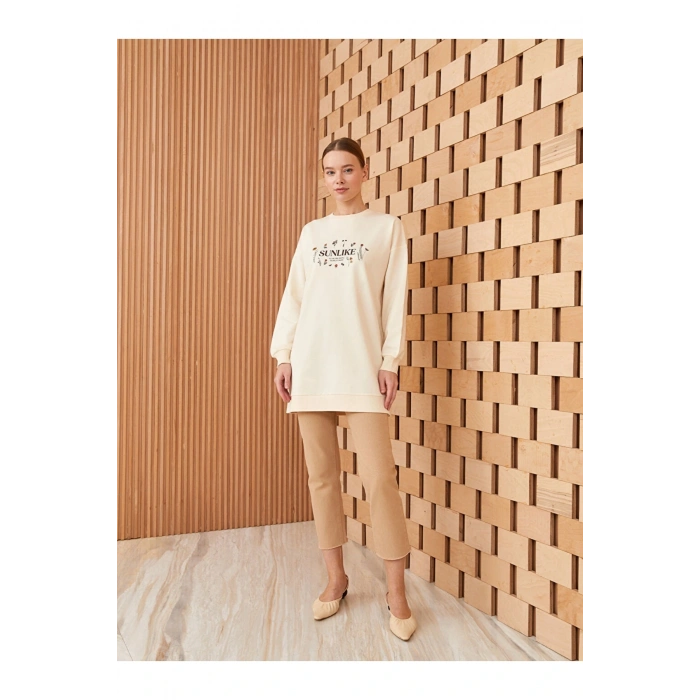 Bisiklet Yaka Baskılı Uzun Kollu Kadın Tunik