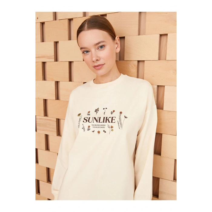 Bisiklet Yaka Baskılı Uzun Kollu Kadın Tunik