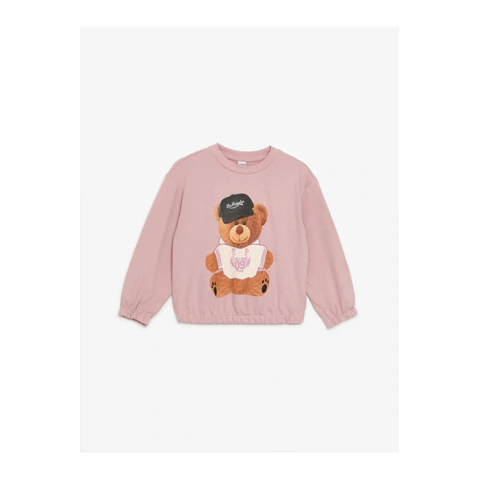 LCW Kids Pembe Bisiklet Yaka Baskılı Uzun Kollu Kız Çocuk Sweatshirt