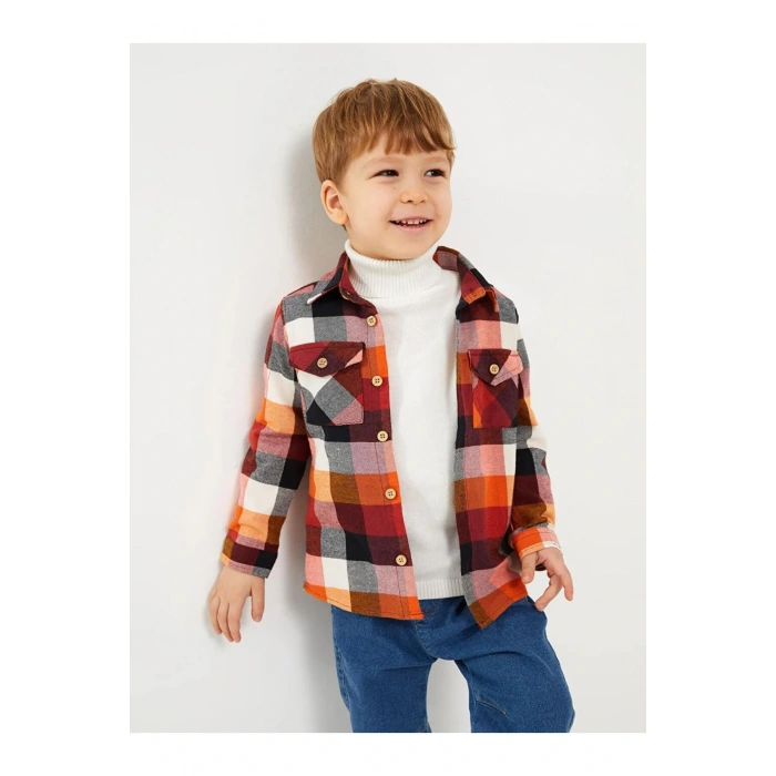 LCW baby Turuncu Uzun Kollu Ekose Desenli Gabardin Erkek Bebek Gömlek