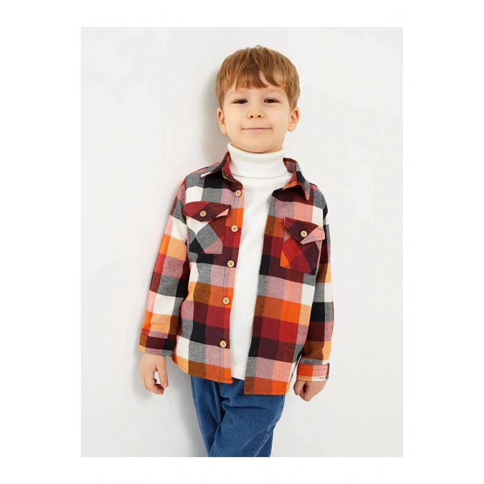 LCW baby Turuncu Uzun Kollu Ekose Desenli Gabardin Erkek Bebek Gömlek