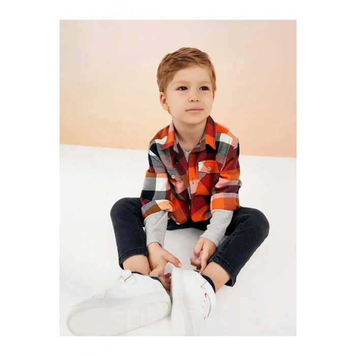 LCW baby Turuncu Uzun Kollu Ekose Desenli Gabardin Erkek Bebek Gömlek