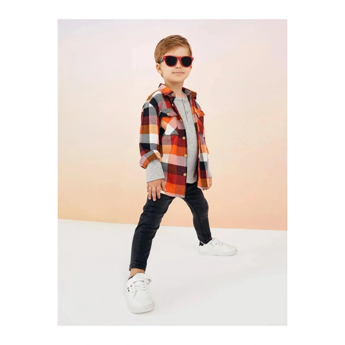 LCW baby Turuncu Uzun Kollu Ekose Desenli Gabardin Erkek Bebek Gömlek