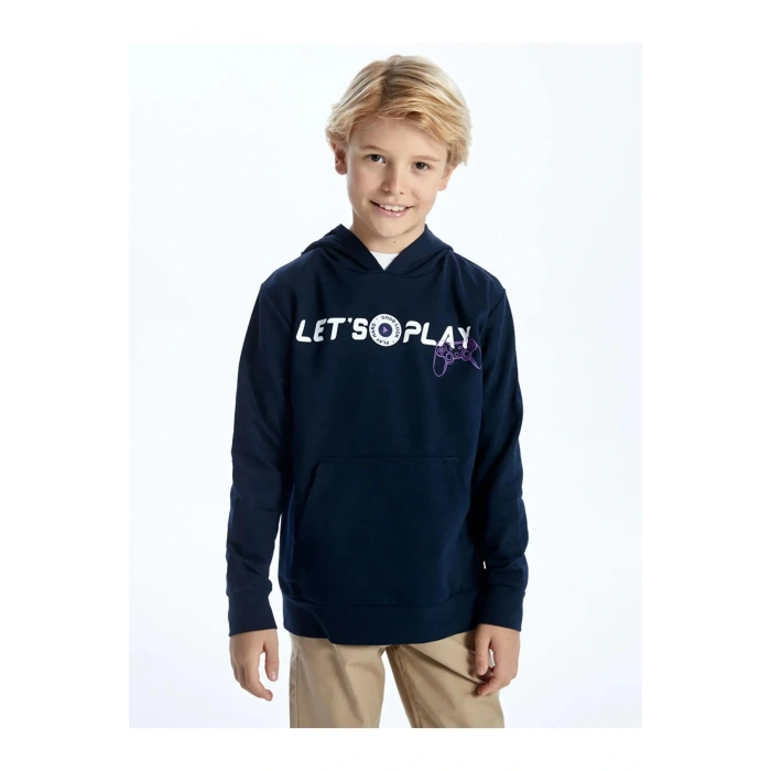 LCW Kids Lacivert Baskılı Uzun Kollu Erkek Çocuk Hoodie