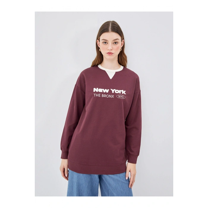 LCW Modest Bordo Bisiklet Yaka Nakışlı Kadın Sweatshirt Tunik