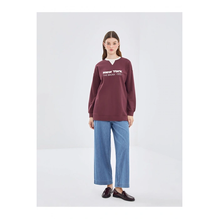 LCW Modest Bordo Bisiklet Yaka Nakışlı Kadın Sweatshirt Tunik