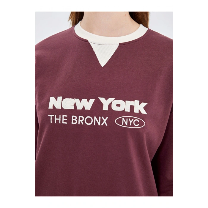 LCW Modest Bordo Bisiklet Yaka Nakışlı Kadın Sweatshirt Tunik