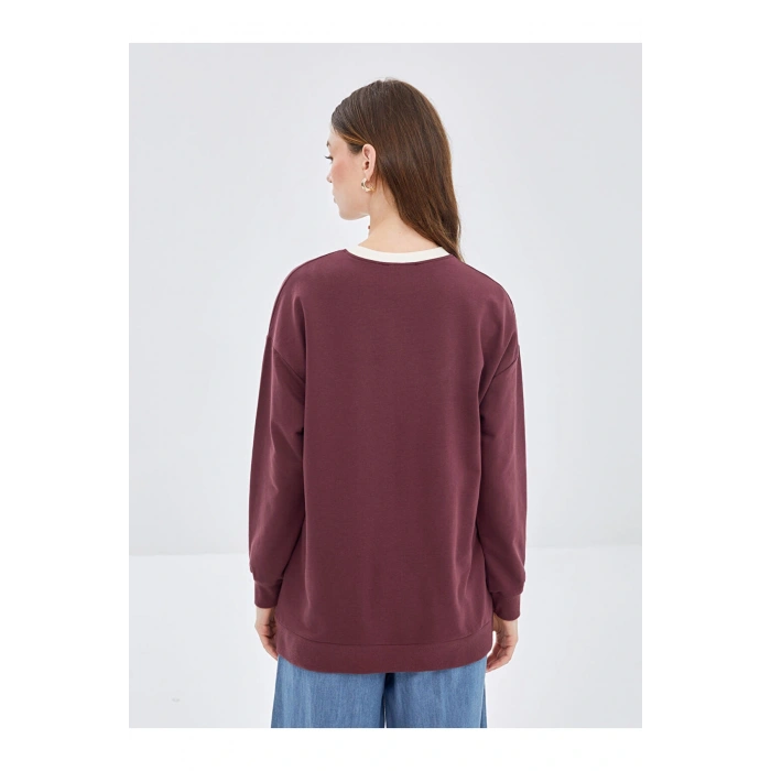 LCW Modest Bordo Bisiklet Yaka Nakışlı Kadın Sweatshirt Tunik