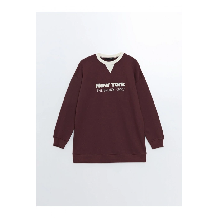 LCW Modest Bordo Bisiklet Yaka Nakışlı Kadın Sweatshirt Tunik