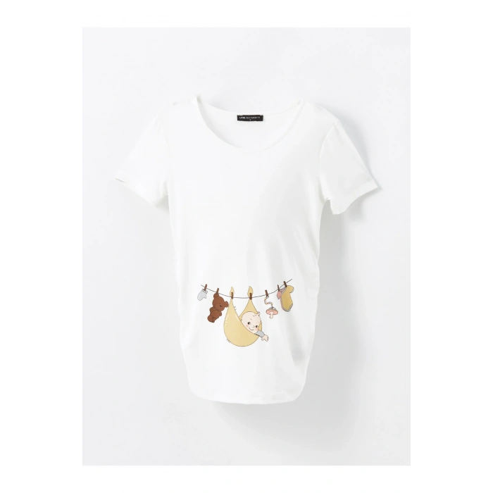 Bisiklet Yaka Baskılı Kısa Kollu Hamile Tişört