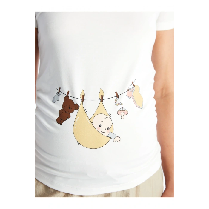 Bisiklet Yaka Baskılı Kısa Kollu Hamile Tişört