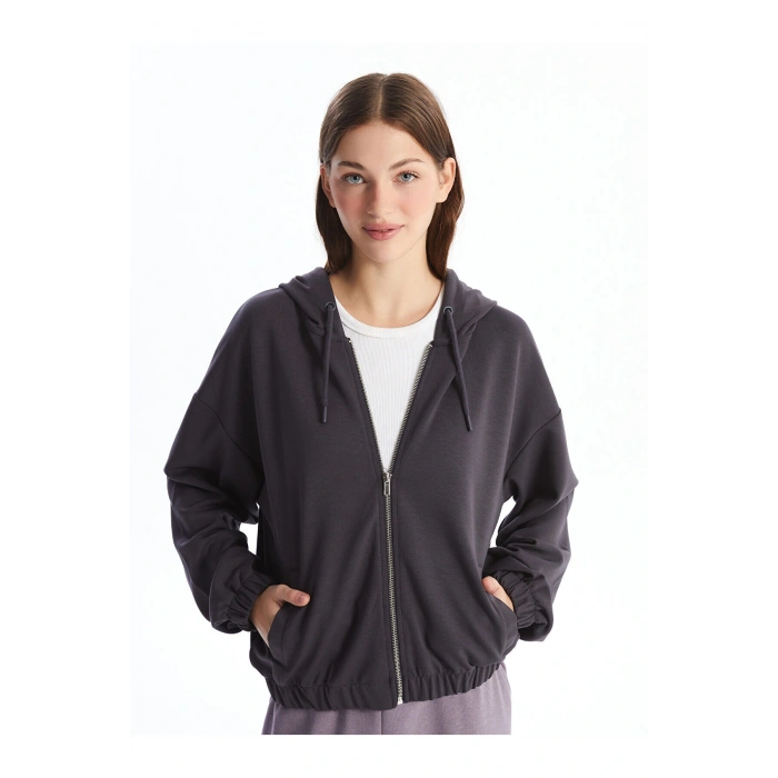 Lcwk Kapüşonlu Düz Uzun Kollu Kadın Fermuarlı Sweatshirt