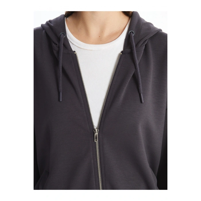 Lcwk Kapüşonlu Düz Uzun Kollu Kadın Fermuarlı Sweatshirt