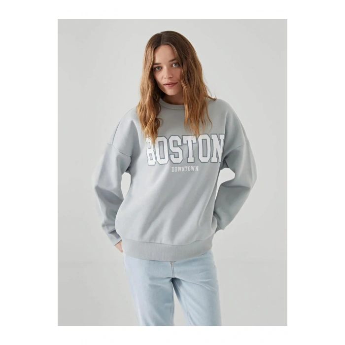 LCW Vision Gri Boston Baskılı Oversize Kadın Kalın Sweatshirt