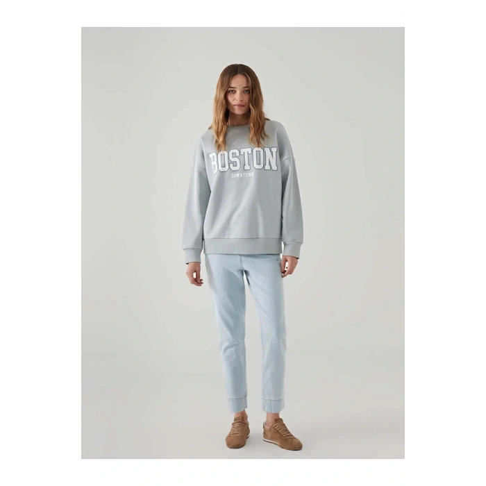 LCW Vision Gri Boston Baskılı Oversize Kadın Kalın Sweatshirt