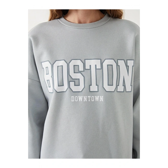 LCW Vision Gri Boston Baskılı Oversize Kadın Kalın Sweatshirt