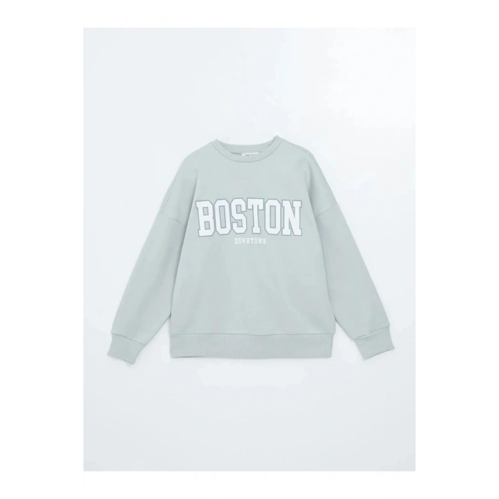 LCW Vision Gri Boston Baskılı Oversize Kadın Kalın Sweatshirt