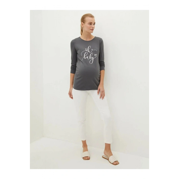 LCWAIKIKI Maternity Gri Bisiklet Yaka Baskılı Uzun Kollu Hamile Tişört