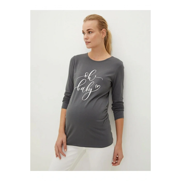 LCWAIKIKI Maternity Gri Bisiklet Yaka Baskılı Uzun Kollu Hamile Tişört