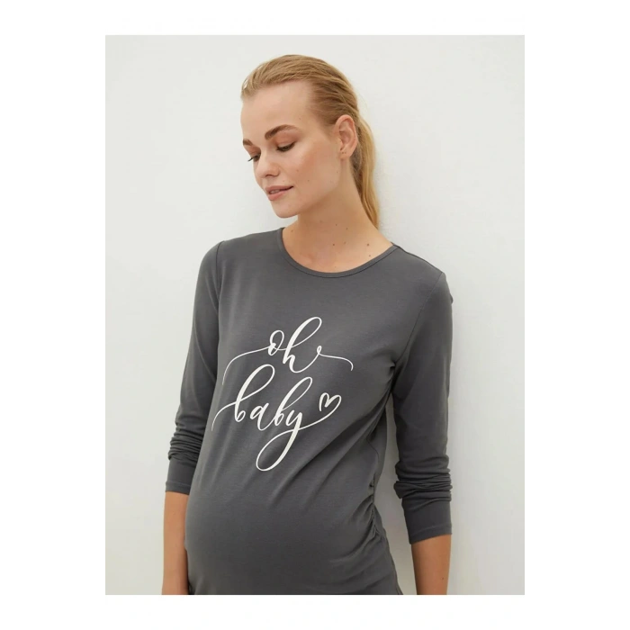 LCWAIKIKI Maternity Gri Bisiklet Yaka Baskılı Uzun Kollu Hamile Tişört