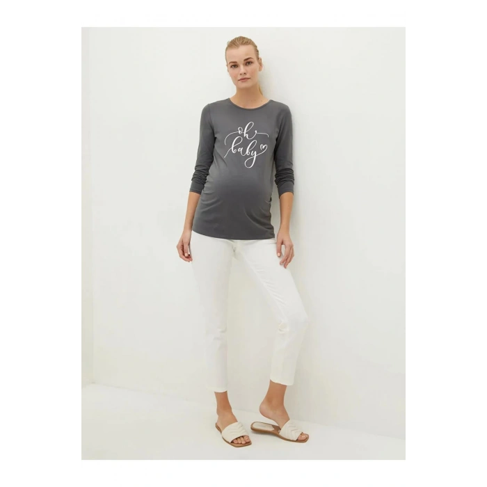 LCWAIKIKI Maternity Gri Bisiklet Yaka Baskılı Uzun Kollu Hamile Tişört