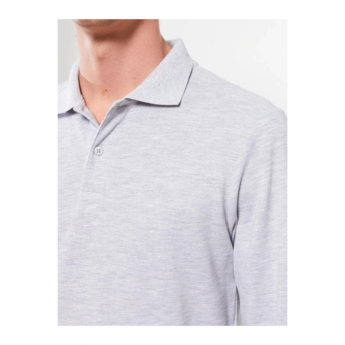 LCWAIKIKI Basic Gri Polo Yaka Uzun Kollu Pike Erkek Tişört