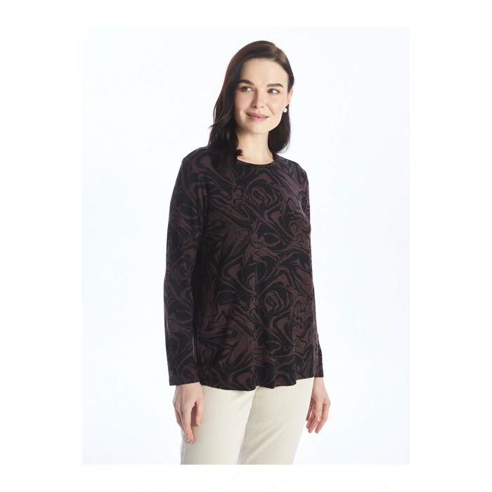 Bisiklet Yaka Desenli Uzun Kollu Kadın Tişört