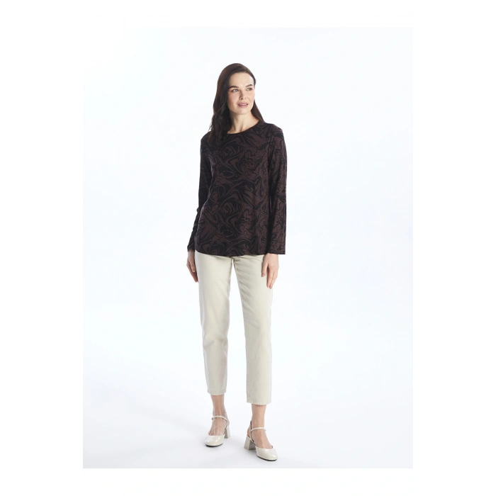 Bisiklet Yaka Desenli Uzun Kollu Kadın Tişört