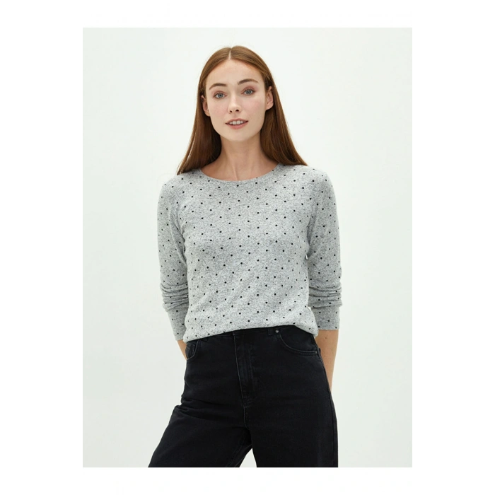 Bisiklet Yaka Puantiyeli Uzun Kollu Kadın Tişört