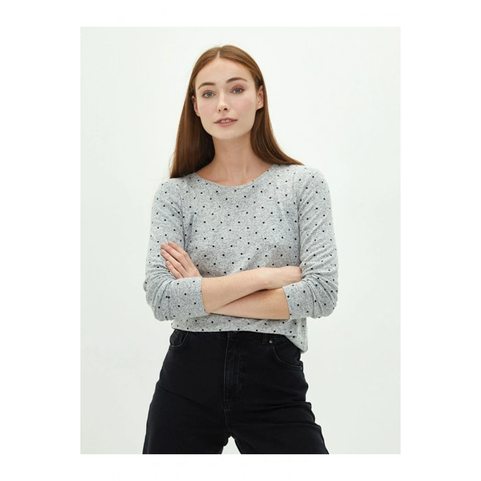 Bisiklet Yaka Puantiyeli Uzun Kollu Kadın Tişört