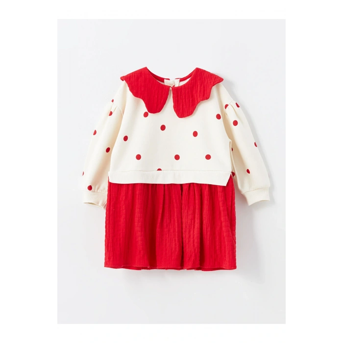 Lcw Baby Ekru Baskılı Bebe Yaka Uzun Kollu Puantiyeli Kız Bebek Elbise