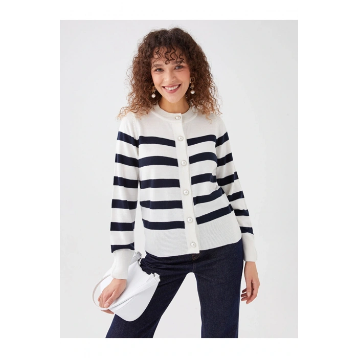 Bisiklet Yaka Çizgili Uzun Kollu Kadın Triko Hırka