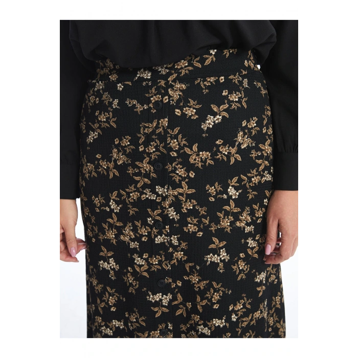 LCW Grace Siyah Beli Lastikli Çiçekli A Kesim Kadın Etek