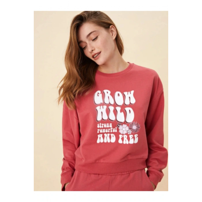 Bisiklet Yaka Baskılı Uzun Kollu Kadın Sweatshirt