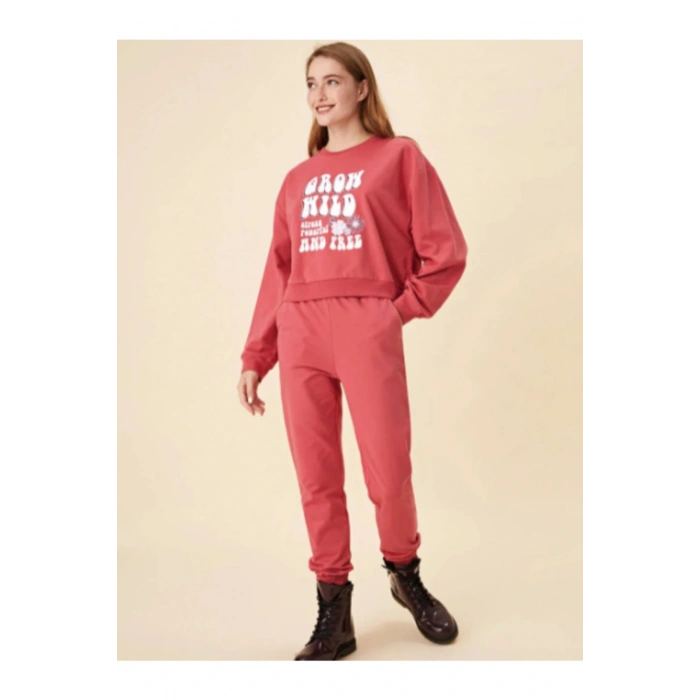 Bisiklet Yaka Baskılı Uzun Kollu Kadın Sweatshirt