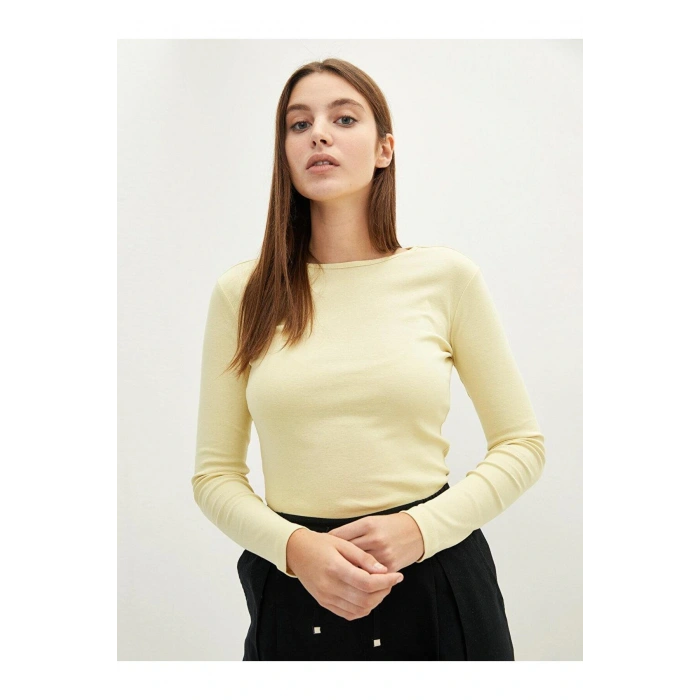 LCWAIKIKI Basic Bisiklet Yaka Düz Uzun Kollu Pamuklu Kadın Tişört