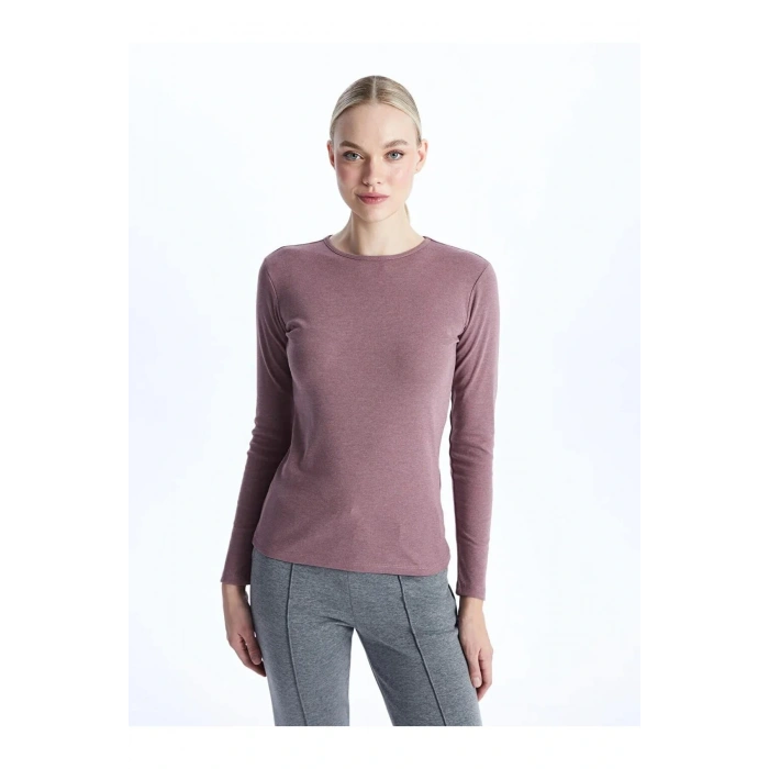 LCWAIKIKI Basic Pembe Bisiklet Yaka Düz Uzun Kollu Kadın Tişört