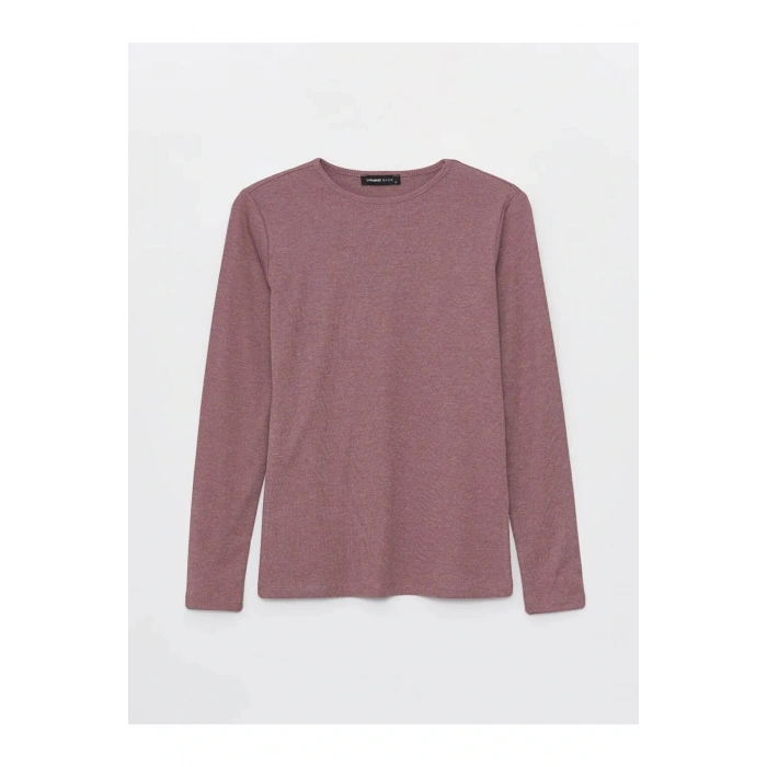 LCWAIKIKI Basic Pembe Bisiklet Yaka Düz Uzun Kollu Kadın Tişört