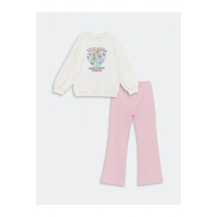 LCW Kids Ekru Bisiklet Yaka Baskılı Uzun Kollu Kız Çocuk Sweatshirt ve Tayt