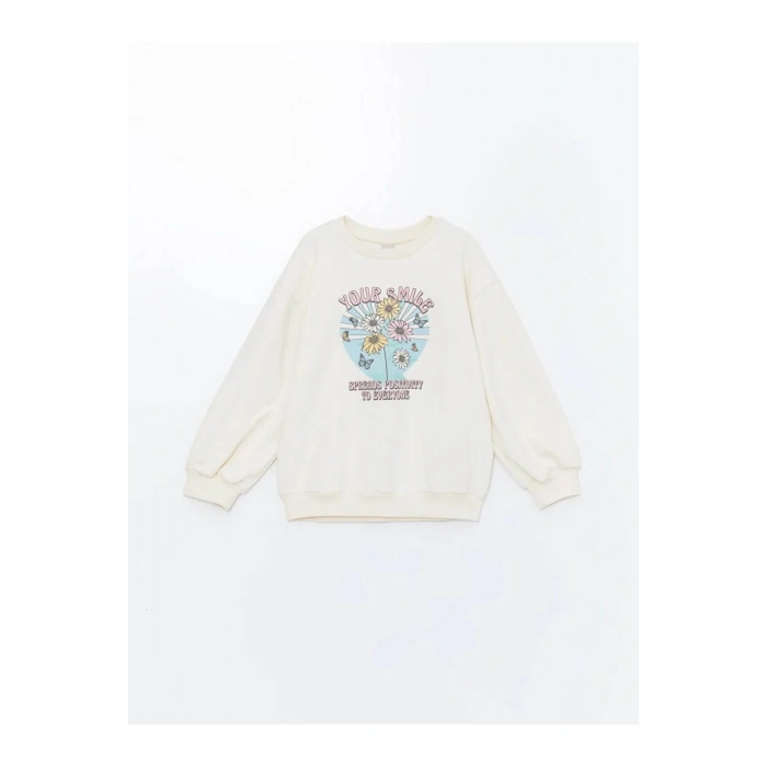LCW Kids Ekru Bisiklet Yaka Baskılı Uzun Kollu Kız Çocuk Sweatshirt ve Tayt
