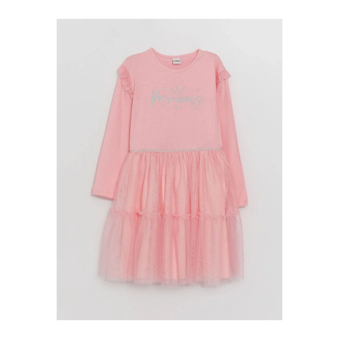 LCW Kids Bisiklet Yaka Baskılı Uzun Kollu Kız Çocuk Elbise