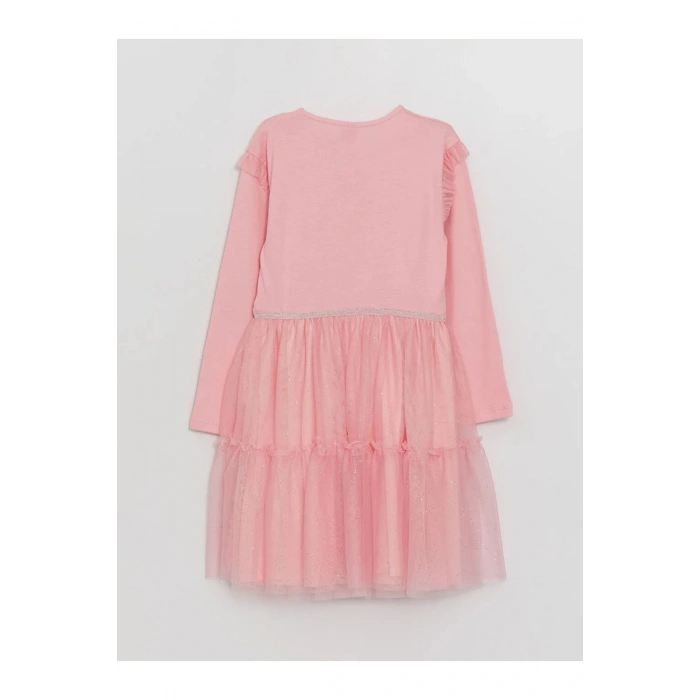 LCW Kids Bisiklet Yaka Baskılı Uzun Kollu Kız Çocuk Elbise