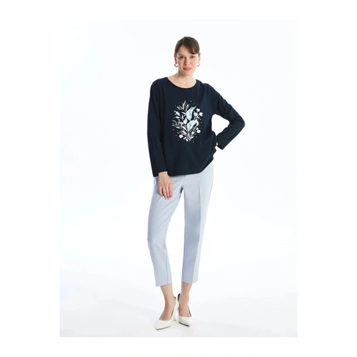 LCW Grace Lacivert Bisiklet Yaka Baskılı Uzun Kollu Kadın Tişört