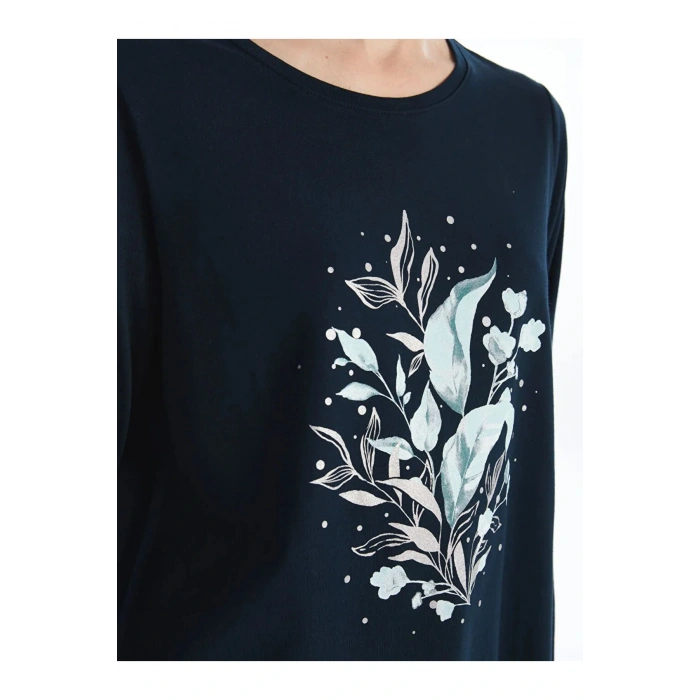 LCW Grace Lacivert Bisiklet Yaka Baskılı Uzun Kollu Kadın Tişört