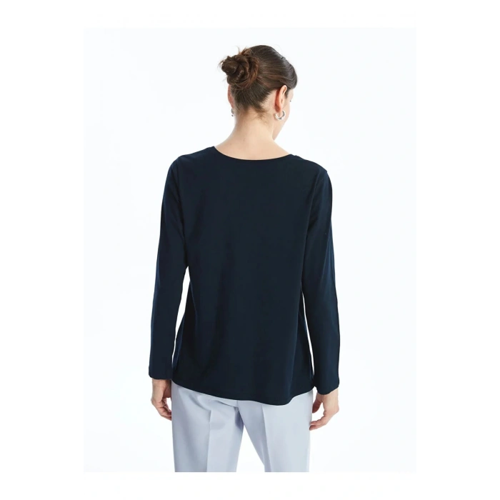 LCW Grace Lacivert Bisiklet Yaka Baskılı Uzun Kollu Kadın Tişört
