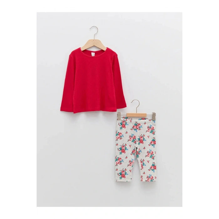 LCW baby Pembe Bisiklet Yaka Uzun Kollu Kız Bebek Tişört ve Tayt 2li Takım