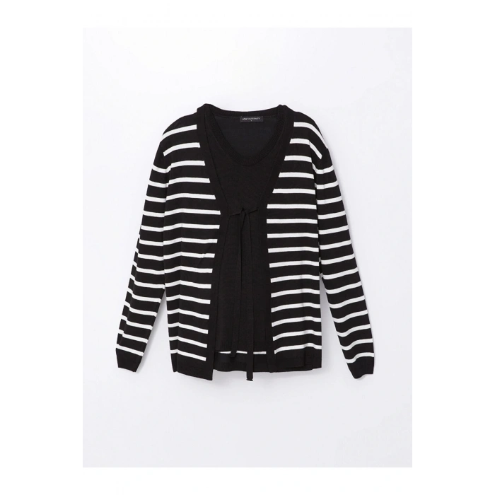 V Yaka Çizgili Uzun Kollu Hamile Triko Hırka ve Süveter Takım