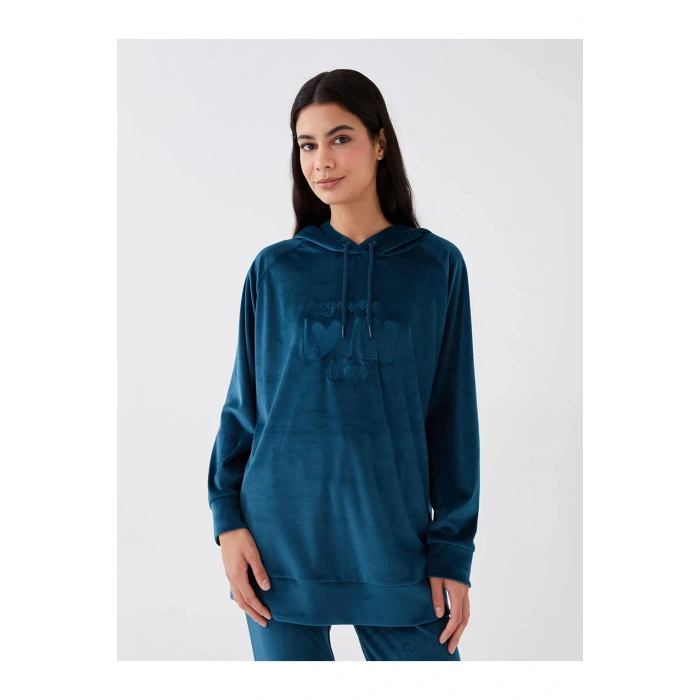 DREAM Kapüşonlu Nakışlı Uzun Kollu Kadife Kadın Pijama Üst Sweatshirt