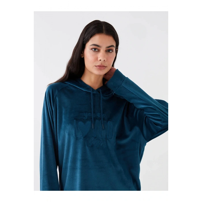DREAM Kapüşonlu Nakışlı Uzun Kollu Kadife Kadın Pijama Üst Sweatshirt