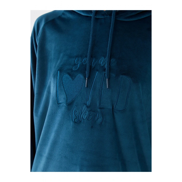 DREAM Kapüşonlu Nakışlı Uzun Kollu Kadife Kadın Pijama Üst Sweatshirt